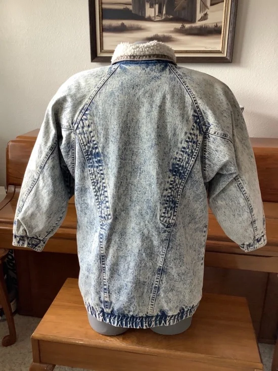 Vintage Andy Johns Woman’s ACID WASH Denim JACKET Size Medium Sherpa CHORE COAT - Picture 4 of 13
